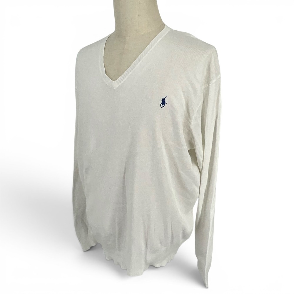 Polo Ralph Lauren Mens XL White Pima Cotton V-Neck Sweater Long Sleeve Pony Logo - Picture 3 of 9
